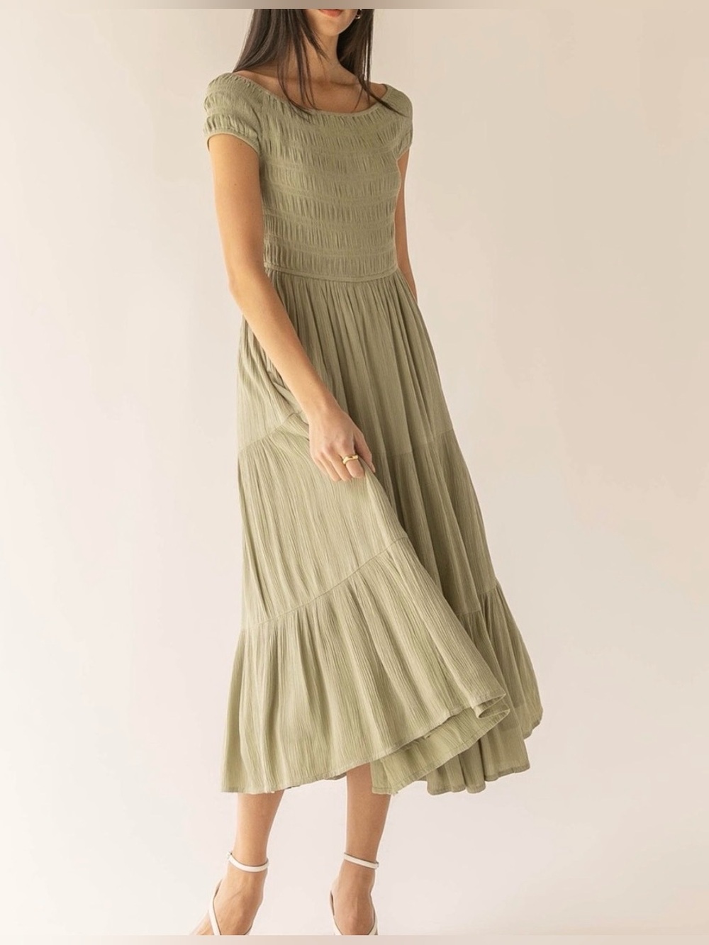 OAK + FORT smocked tiered dress, sage, S